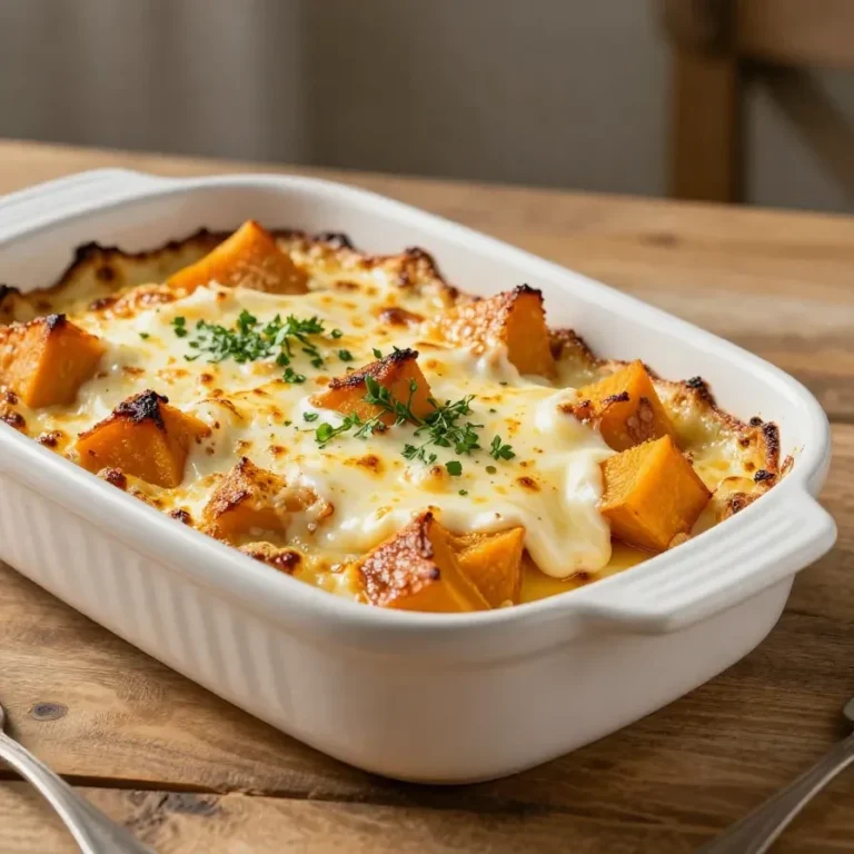 Ofenfrischer Gnocchi-Kürbis-Auflauf mit Lauch in einer Auflaufform, goldbraun überbacken und serviert als vegetarisches Herbstgericht.