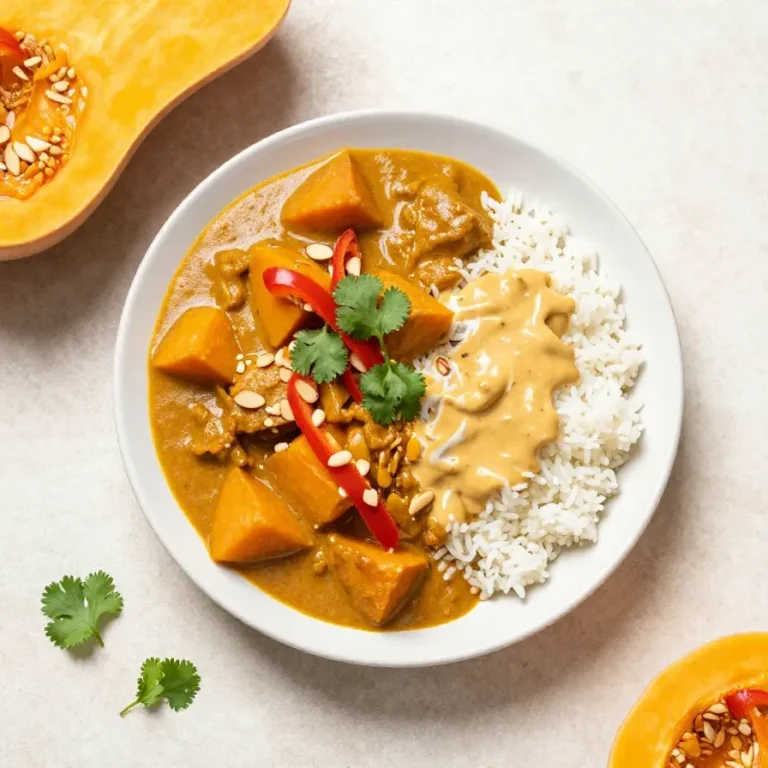 Eine Schüssel cremiges Kürbis Curry mit Reis und frischen Kräutern auf einem Holztisch.