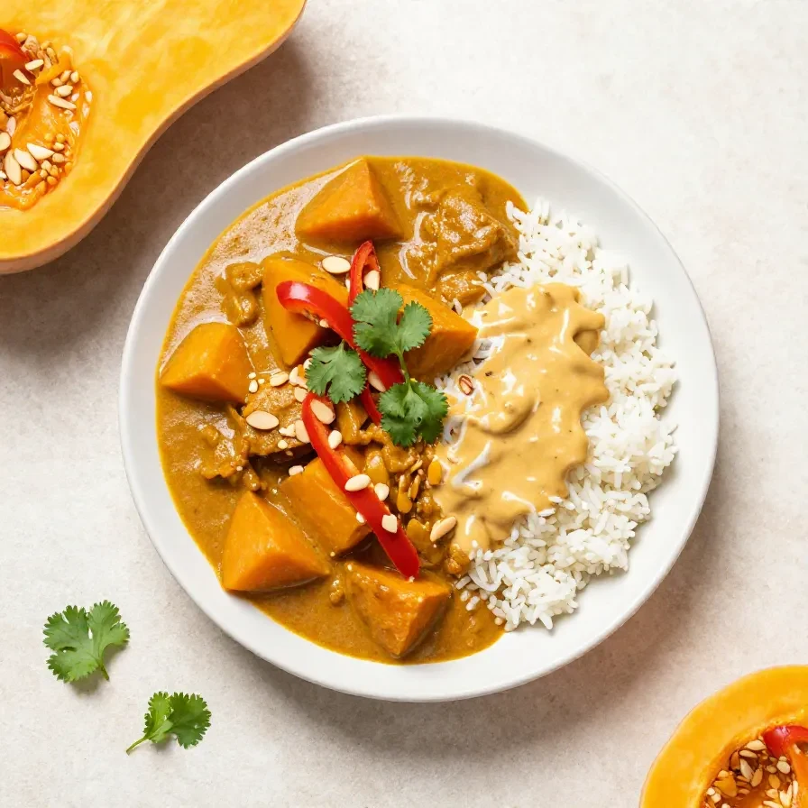 Kürbis Curry 1 Eine Schüssel cremiges Kürbis Curry mit Reis und frischen Kräutern auf einem Holztisch.