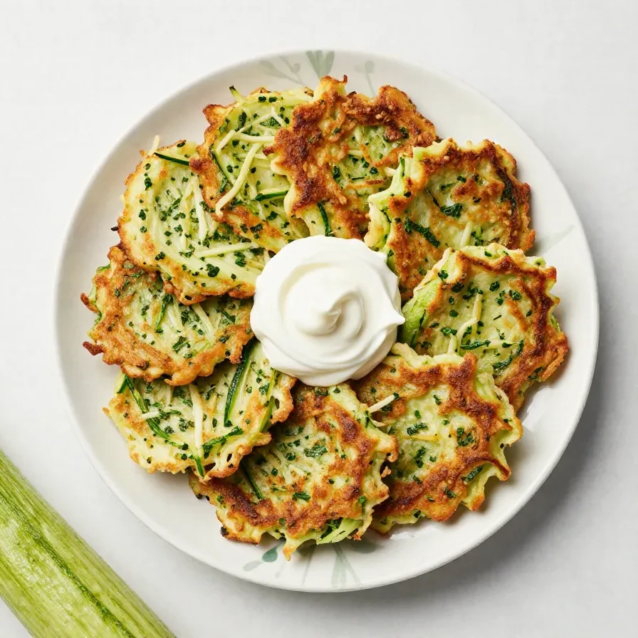 Knusprige Zucchinipuffer auf einem Teller, serviert mit einem Klecks Kräuterquark und frischem Dill.