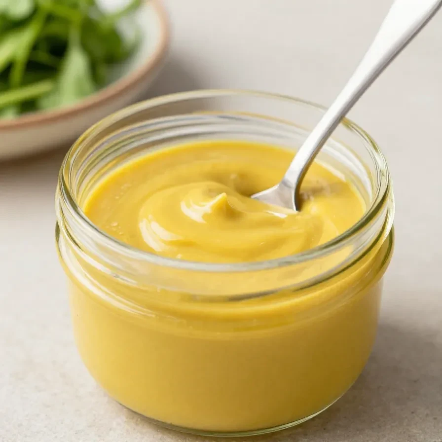 Hausgemachtes Maple-Dijon-Vinaigrette-Dressing in einer kleinen Glasschüssel neben Zutaten wie Ahornsirup, Senf und Essig.