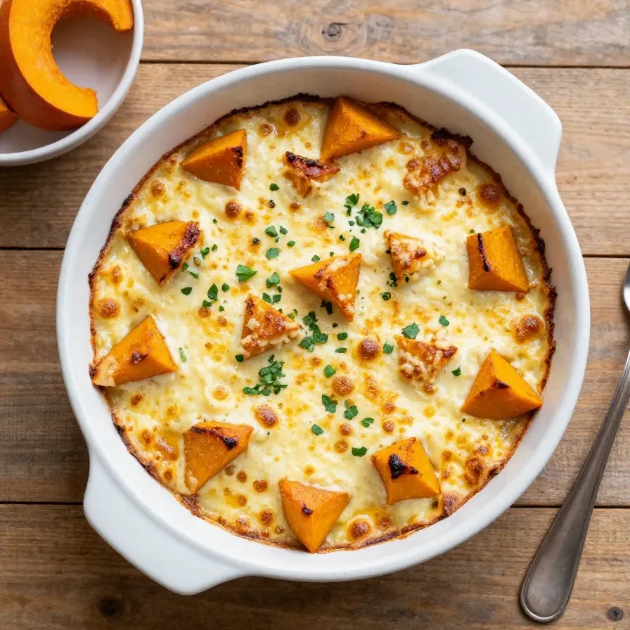 Ofenfrischer Gnocchi-Kürbis-Auflauf mit Lauch in einer Auflaufform, goldbraun überbacken und serviert als vegetarisches Herbstgericht.