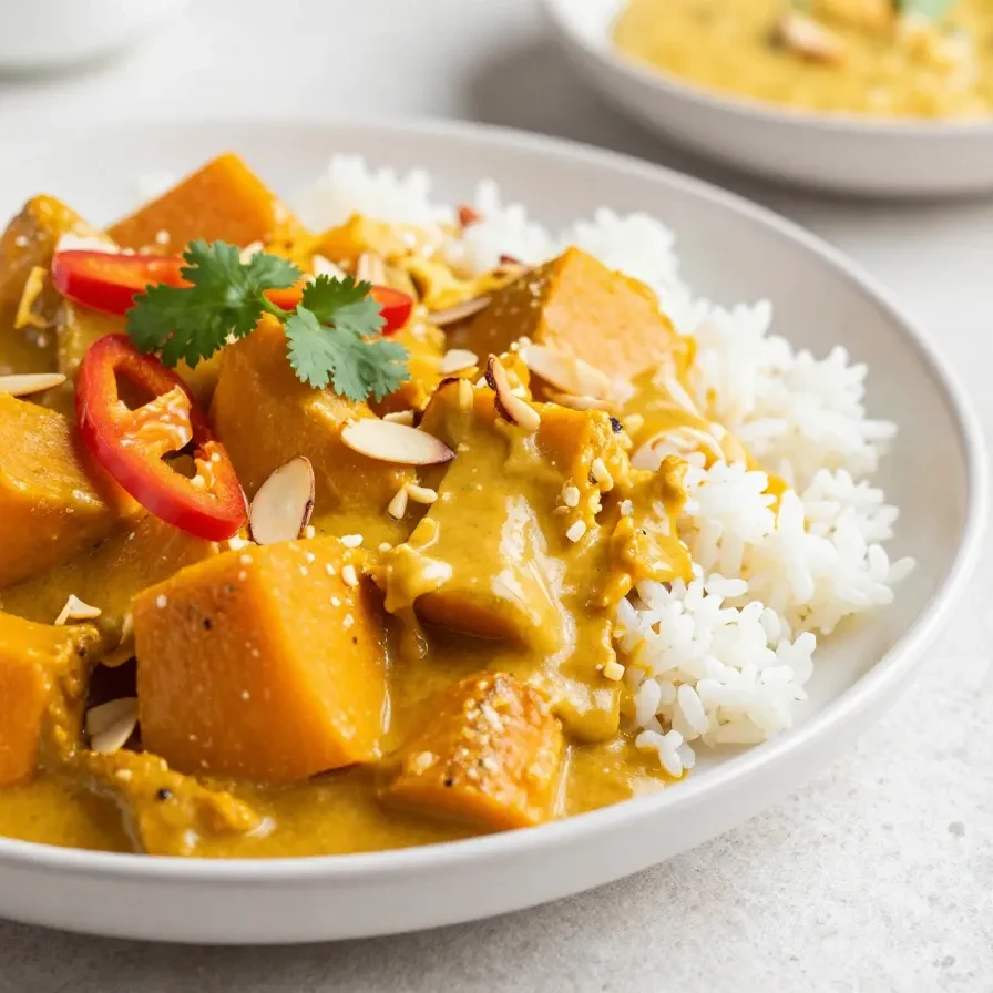 Kürbis Curry 6 Eine Schüssel cremiges Kürbis Curry mit Reis und frischen Kräutern auf einem Holztisch.