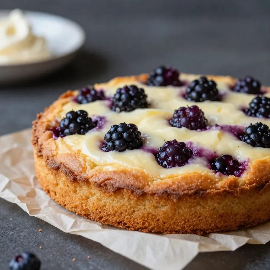 Einfacher Brombeerkuchen mit goldbrauner Kruste und frischen Brombeeren auf einem Teller