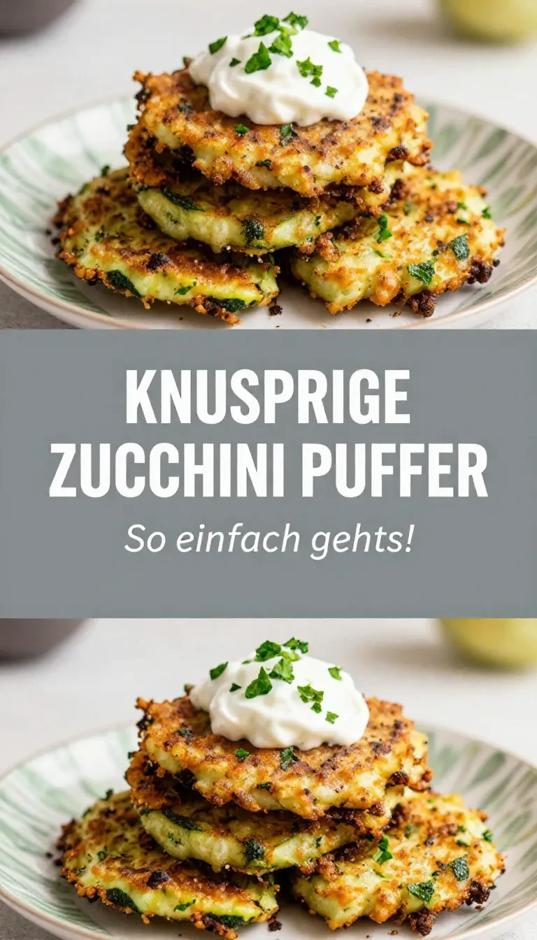 Knusprige Zucchinipuffer auf einem Teller, serviert mit einem Klecks Kräuterquark und frischem Dill.