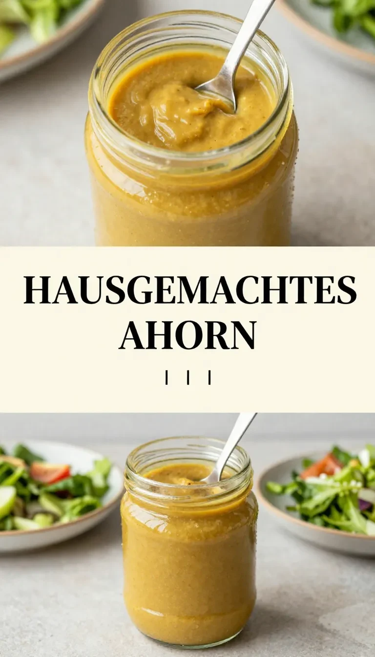 Hausgemachtes Maple-Dijon-Vinaigrette-Dressing in einer kleinen Glasschüssel neben Zutaten wie Ahornsirup, Senf und Essig.