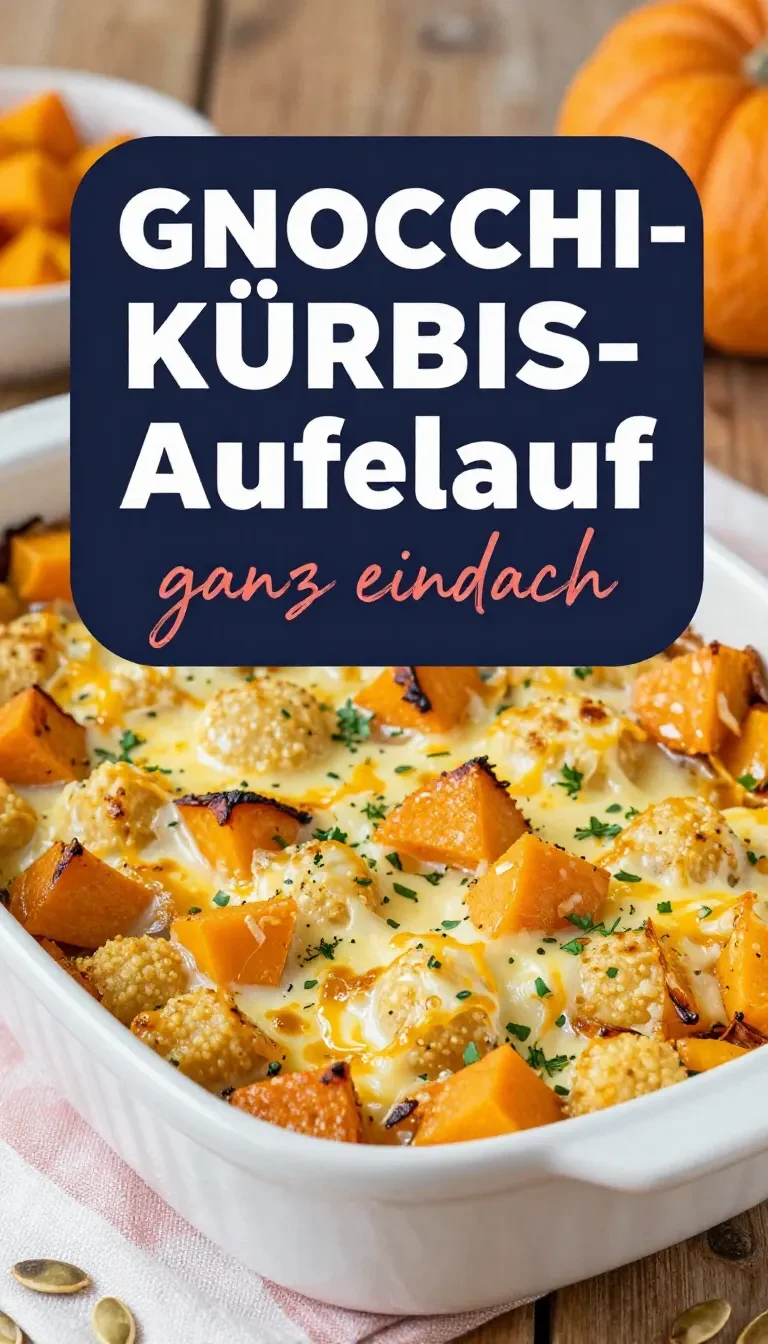 Ofenfrischer Gnocchi-Kürbis-Auflauf mit Lauch in einer Auflaufform, goldbraun überbacken und serviert als vegetarisches Herbstgericht.