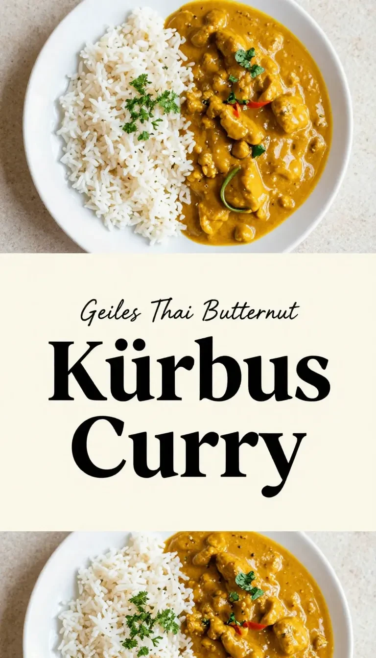 Kürbis Curry 10 Eine Schüssel cremiges Kürbis Curry mit Reis und frischen Kräutern auf einem Holztisch.
