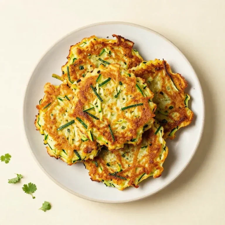 Knusprige Zucchini-Puffer aus dem Air Fryer auf einem hellen Teller, serviert mit frischen Kräutern und einem cremigen Dip.