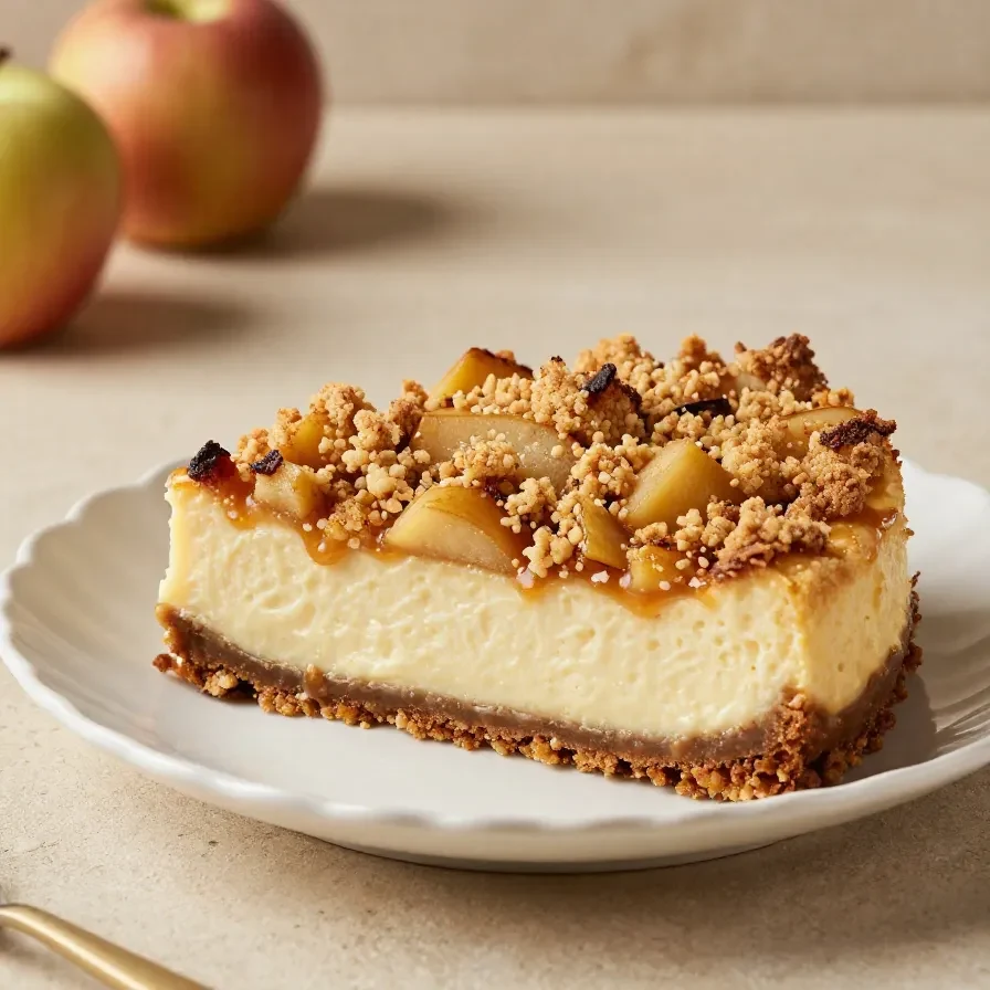 Ein cremiger Apple Crumble Cheesecake mit goldbrauner Streuseldecke und Apfelstückchen auf einem Teller.
