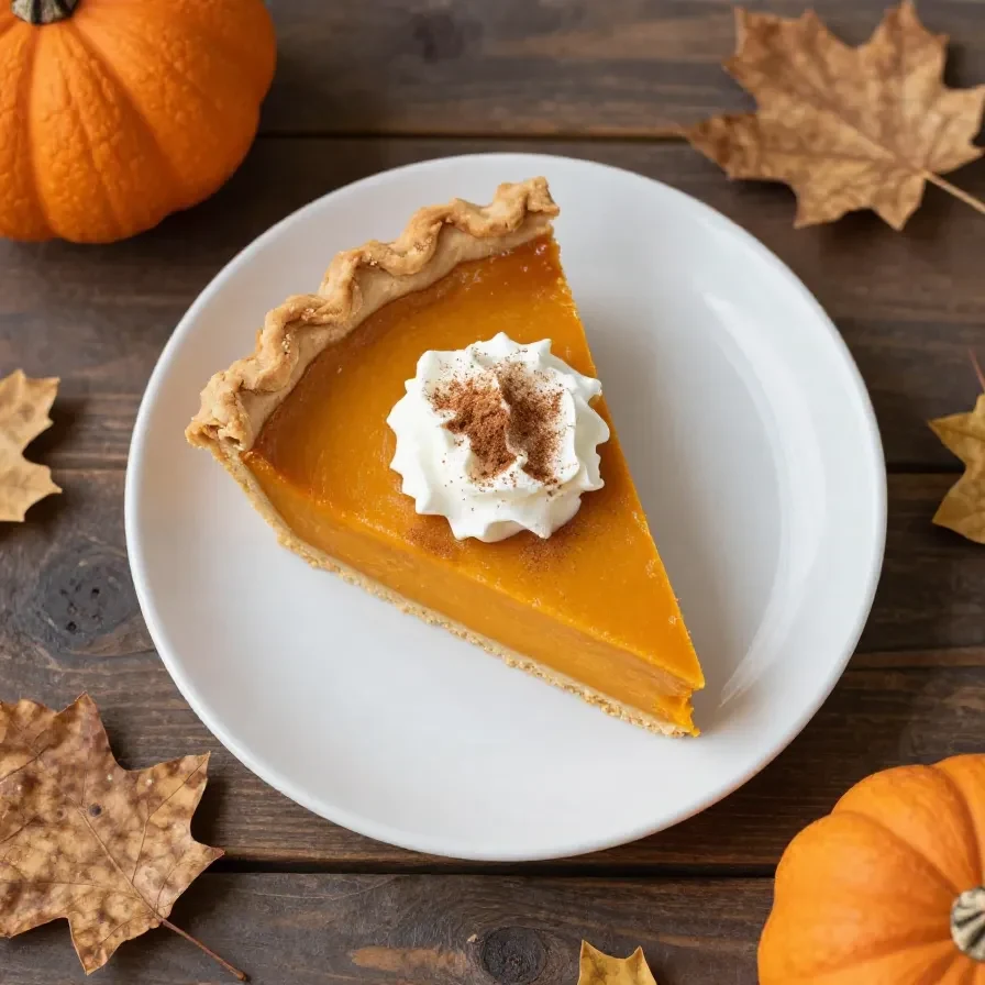Pumpkin Pie: Das Original aus den USA backen 1 Frisch gebackener amerikanischer Pumpkin Pie mit goldbraunem Rand und cremiger Kürbisfüllung auf einem Kuchenteller