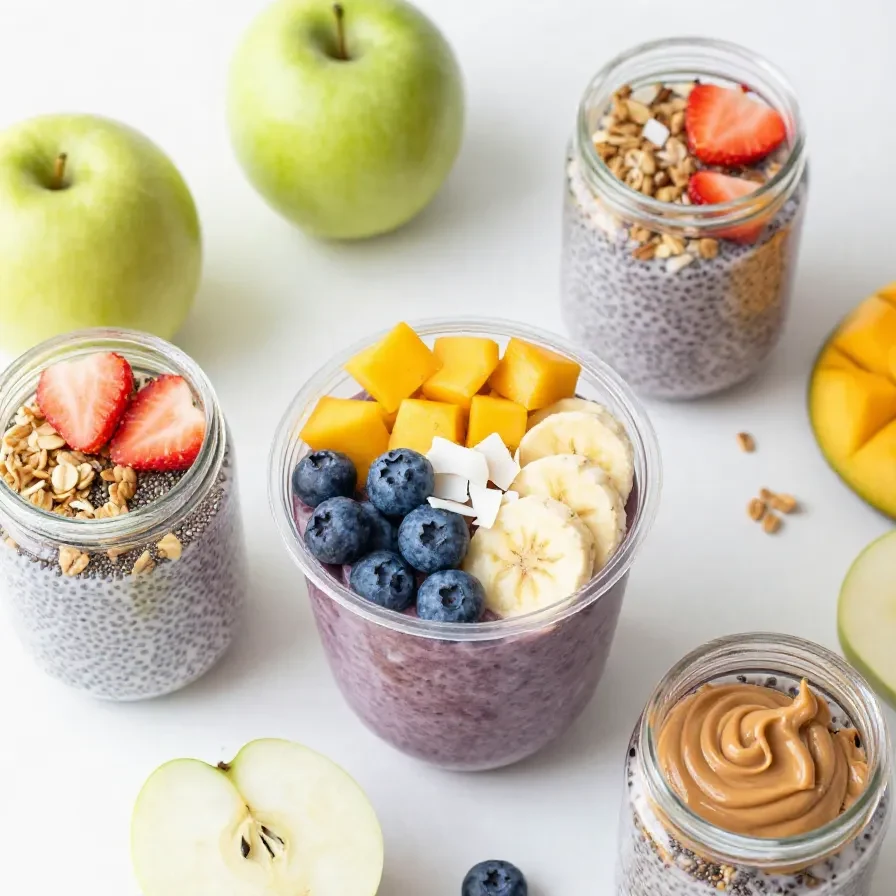 Açaí Bowl mit frischen Beeren, Banane, Granola und Kokosraspeln als Zutatenübersicht auf einem hellen Tisch.