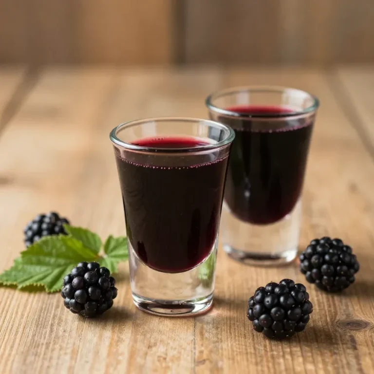 Glas mit selbst gemachtem Brombeerlikör neben frischen Brombeeren und einem kleinen Rezeptheft