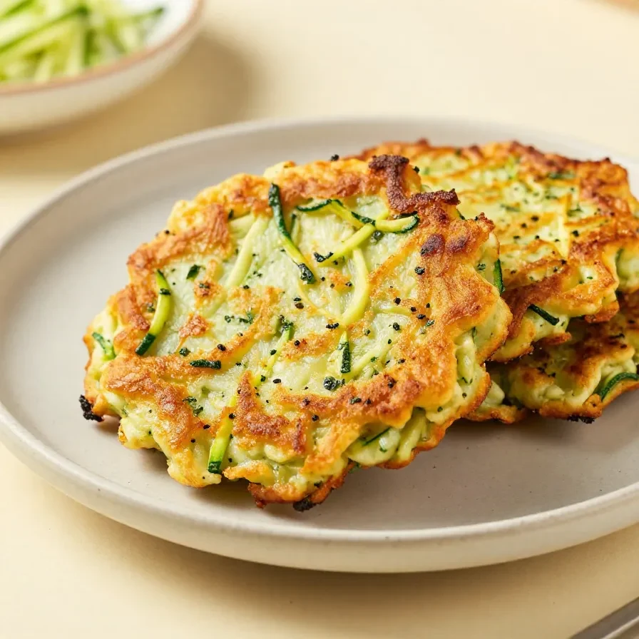 Knusprige Zucchini-Puffer aus dem Air Fryer auf einem hellen Teller, serviert mit frischen Kräutern und einem cremigen Dip.