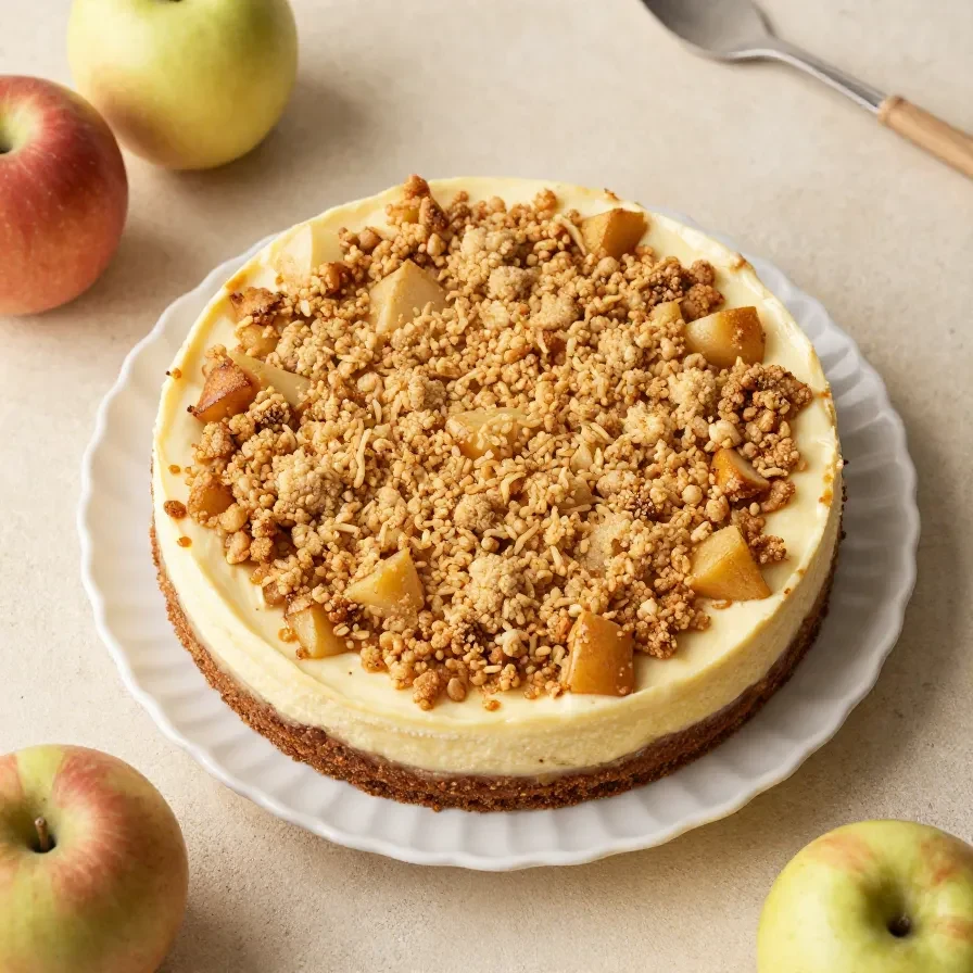 Ein cremiger Apple Crumble Cheesecake mit goldbrauner Streuseldecke und Apfelstückchen auf einem Teller.
