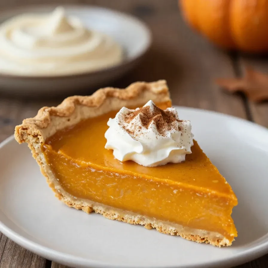 Pumpkin Pie: Das Original aus den USA backen 6 Frisch gebackener amerikanischer Pumpkin Pie mit goldbraunem Rand und cremiger Kürbisfüllung auf einem Kuchenteller