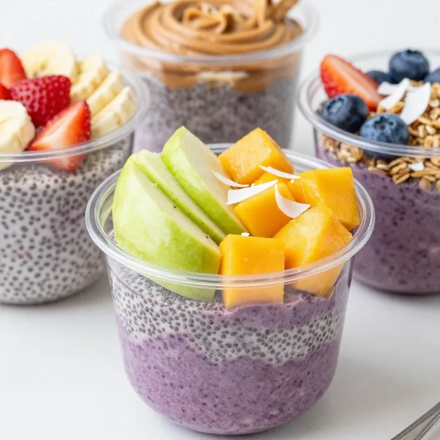 Açaí Bowl mit frischen Beeren, Banane, Granola und Kokosraspeln als Zutatenübersicht auf einem hellen Tisch.