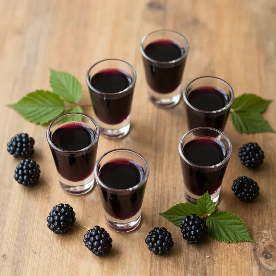 Glas mit selbst gemachtem Brombeerlikör neben frischen Brombeeren und einem kleinen Rezeptheft