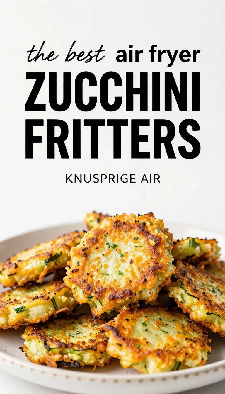 Knusprige Zucchini-Puffer aus dem Air Fryer auf einem hellen Teller, serviert mit frischen Kräutern und einem cremigen Dip.