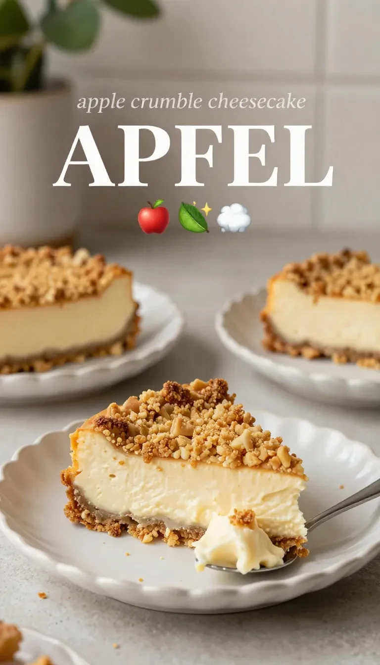 Ein cremiger Apple Crumble Cheesecake mit goldbrauner Streuseldecke und Apfelstückchen auf einem Teller.