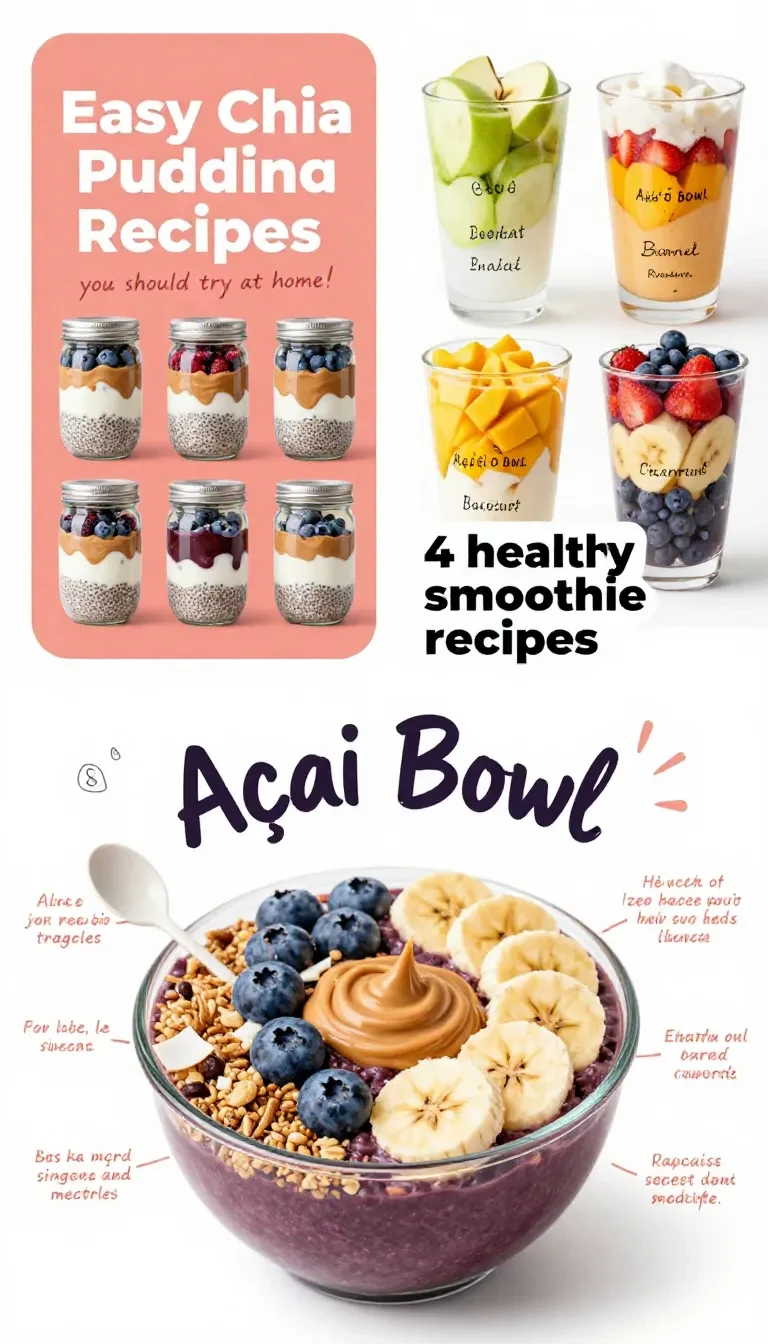 Açaí Bowl mit frischen Beeren, Banane, Granola und Kokosraspeln als Zutatenübersicht auf einem hellen Tisch.