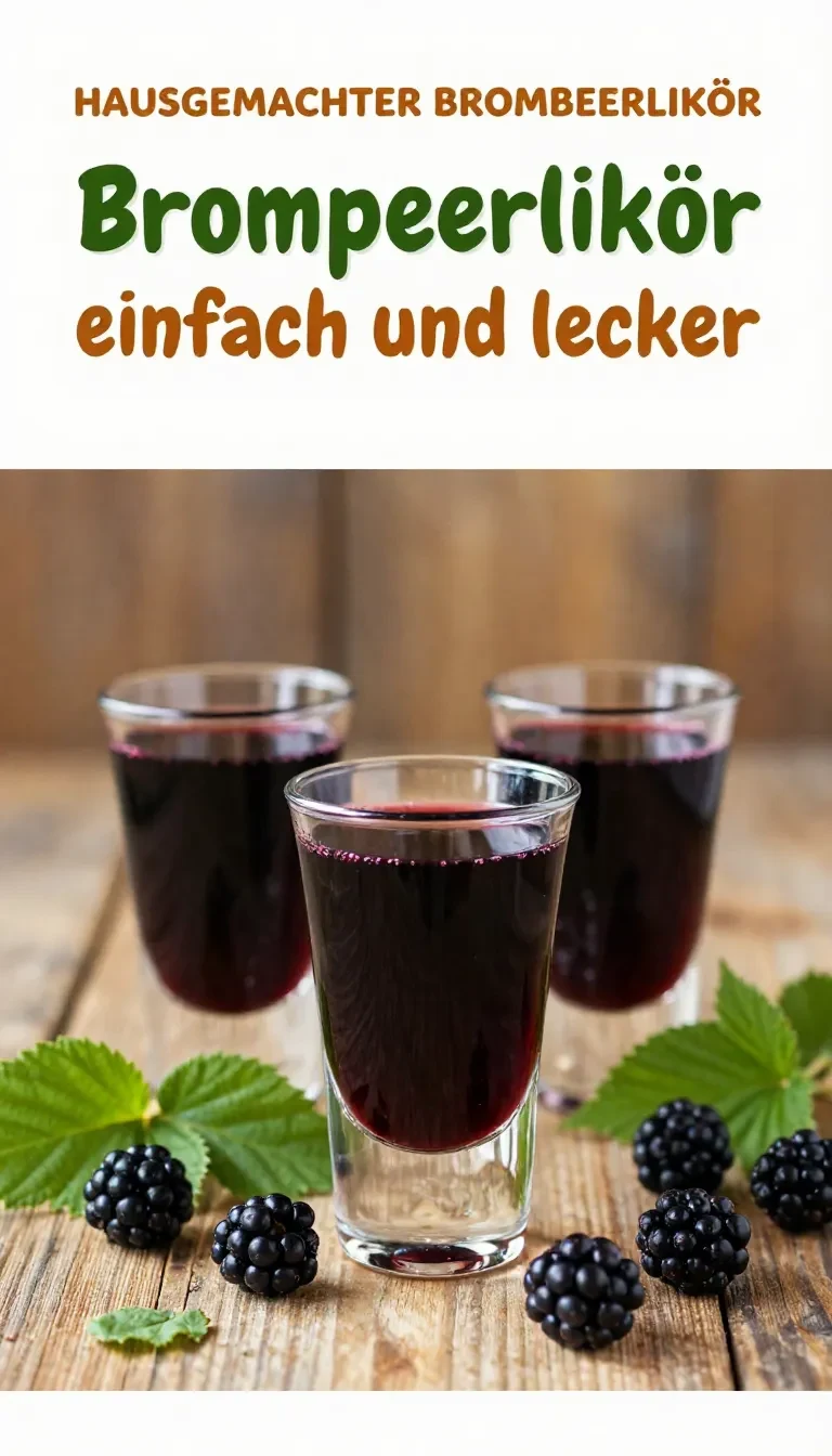 Glas mit selbst gemachtem Brombeerlikör neben frischen Brombeeren und einem kleinen Rezeptheft