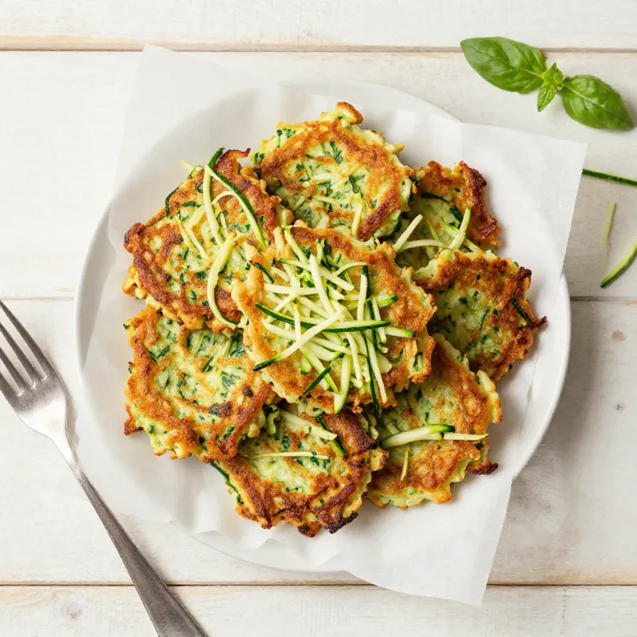 Goldbraune Zucchini Puffer auf einem Teller mit einem Klecks Kräuterquark