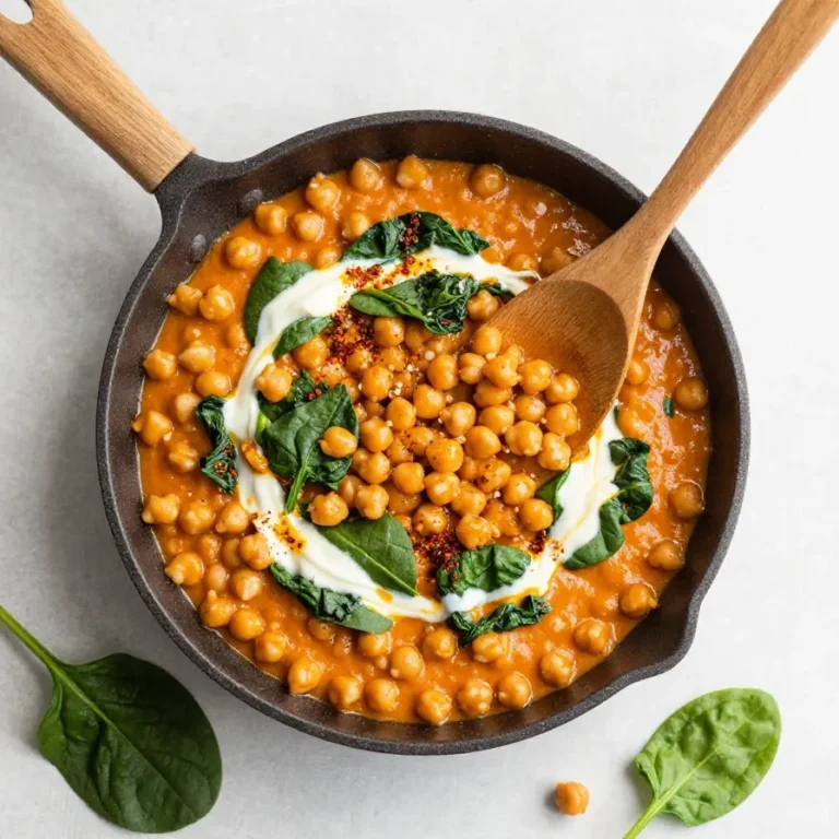 Eine Schale cremiger Harissa-Kichererbseneintopf mit Kichererbsen, Gemüse und frischen Kräutern
