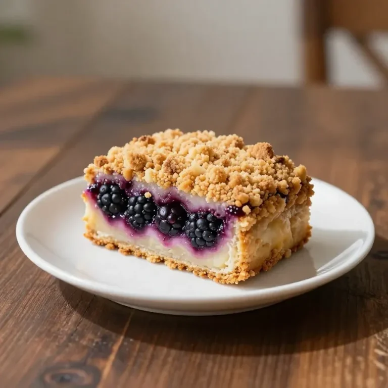 Frisch gebackener Brombeer-Buckle mit goldbrauner Kruste und saftigen Brombeeren in einer Backform