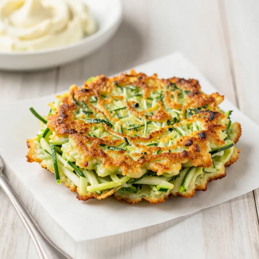 Goldbraune Zucchini Puffer auf einem Teller mit einem Klecks Kräuterquark