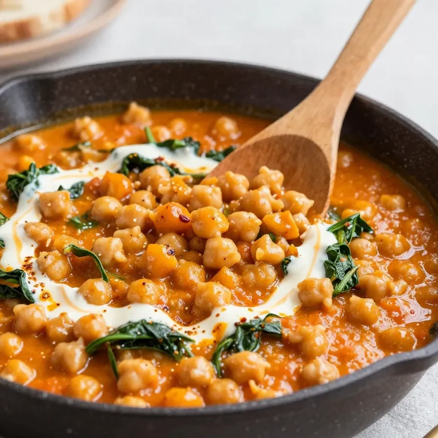 Eine Schale cremiger Harissa-Kichererbseneintopf mit Kichererbsen, Gemüse und frischen Kräutern