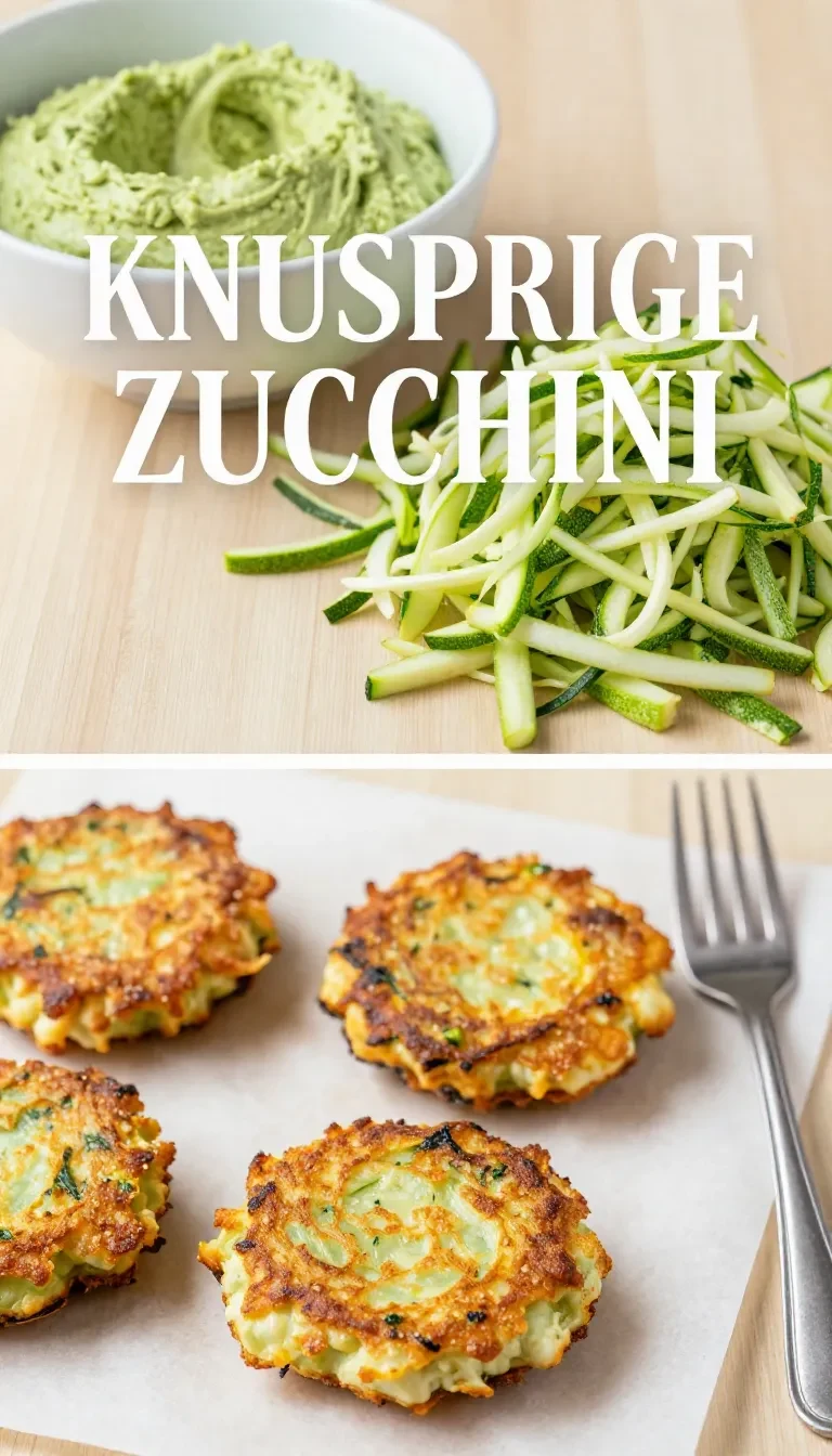 Goldbraune Zucchini Puffer auf einem Teller mit einem Klecks Kräuterquark