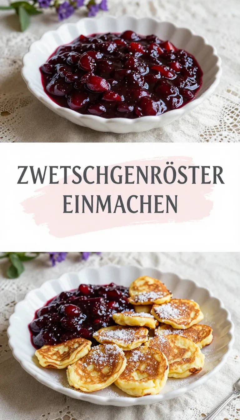 Hausgemachter Zwetschgenröster in einem Glas mit frischen Zwetschgen und Gewürzen auf einem Holztisch