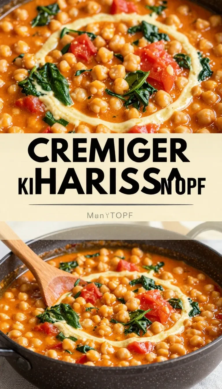Eine Schale cremiger Harissa-Kichererbseneintopf mit Kichererbsen, Gemüse und frischen Kräutern
