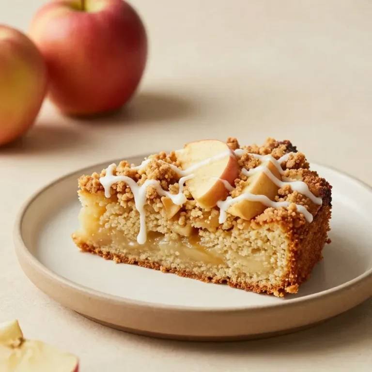Ein veganer Apfelkuchen auf einem Teller, mit goldbrauner Kruste und sichtbaren Apfelscheiben.