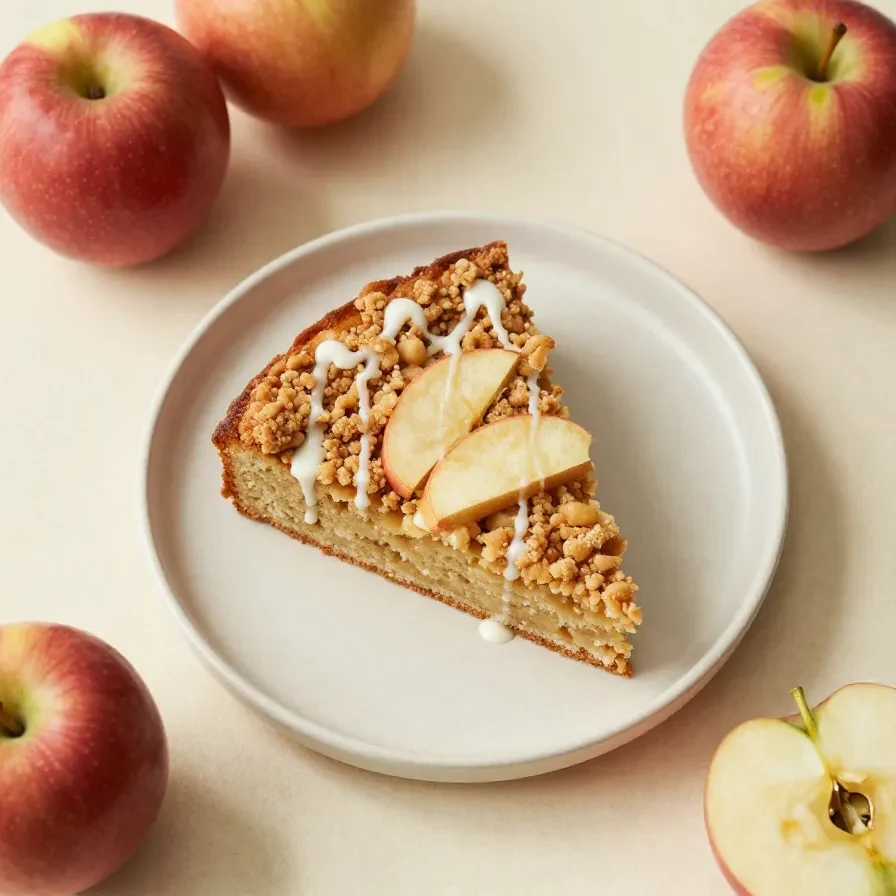 Ein veganer Apfelkuchen auf einem Teller, mit goldbrauner Kruste und sichtbaren Apfelscheiben.