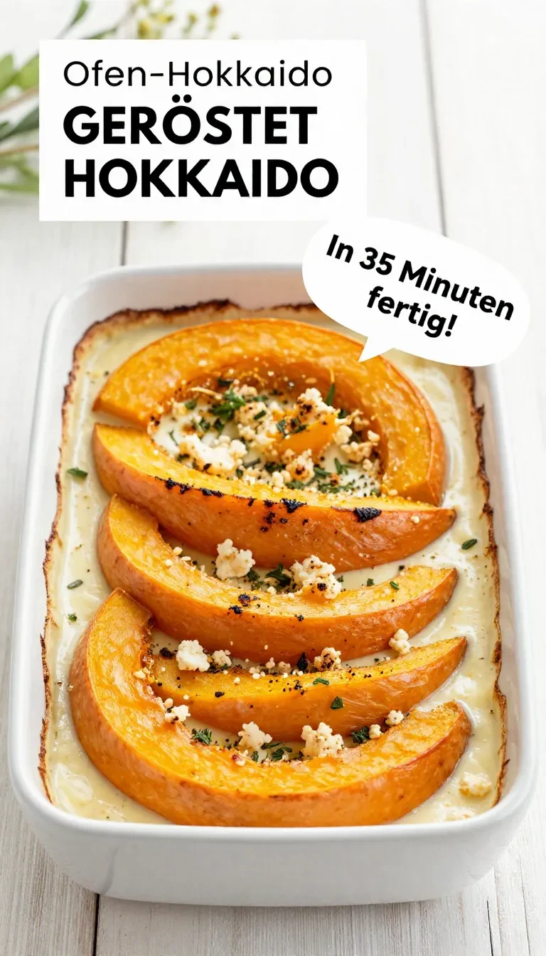 Gebackene Hokkaido-Kürbisstücke auf einem Backblech aus dem Ofen, goldbraun und würzig angerichtet.