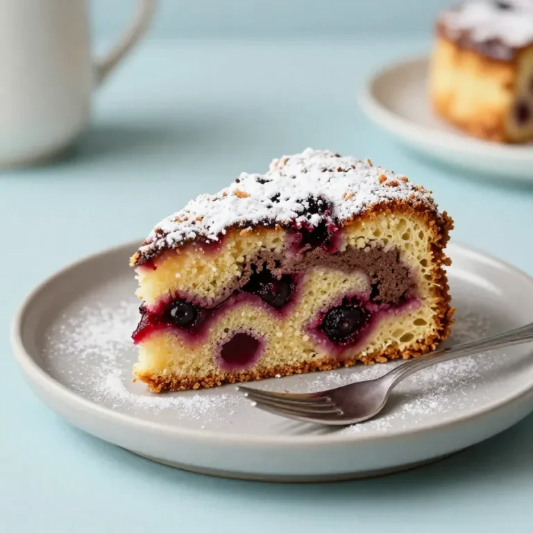 Saftiger Marmorkuchen mit Kirschen vom Blech, frisch gebacken und in rechteckige Stücke geschnitten