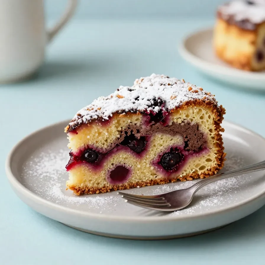 Saftiger Marmorkuchen mit Kirschen vom Blech, frisch gebacken und in rechteckige Stücke geschnitten