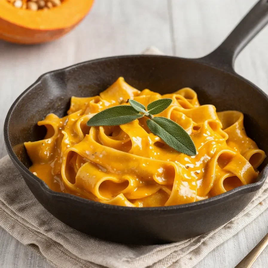One-Pot-Kürbis-Pasta in einer Pfanne mit cremiger Sauce, Kürbisstücken und frischen Kräutern