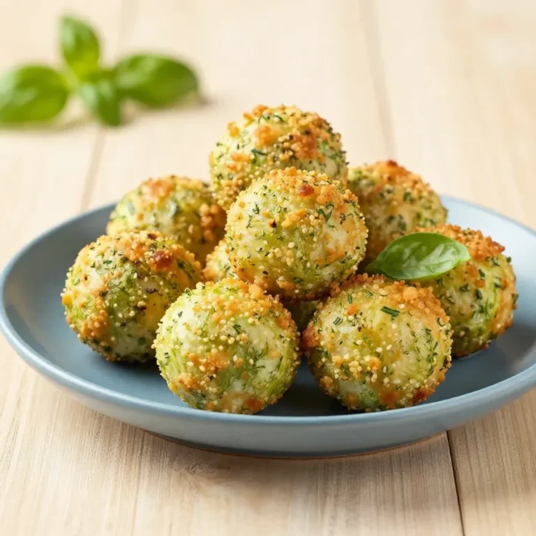Knusprige Kolokithokeftedes, griechische Zucchini-Bällchen, auf einem Teller mit Dip angerichtet.