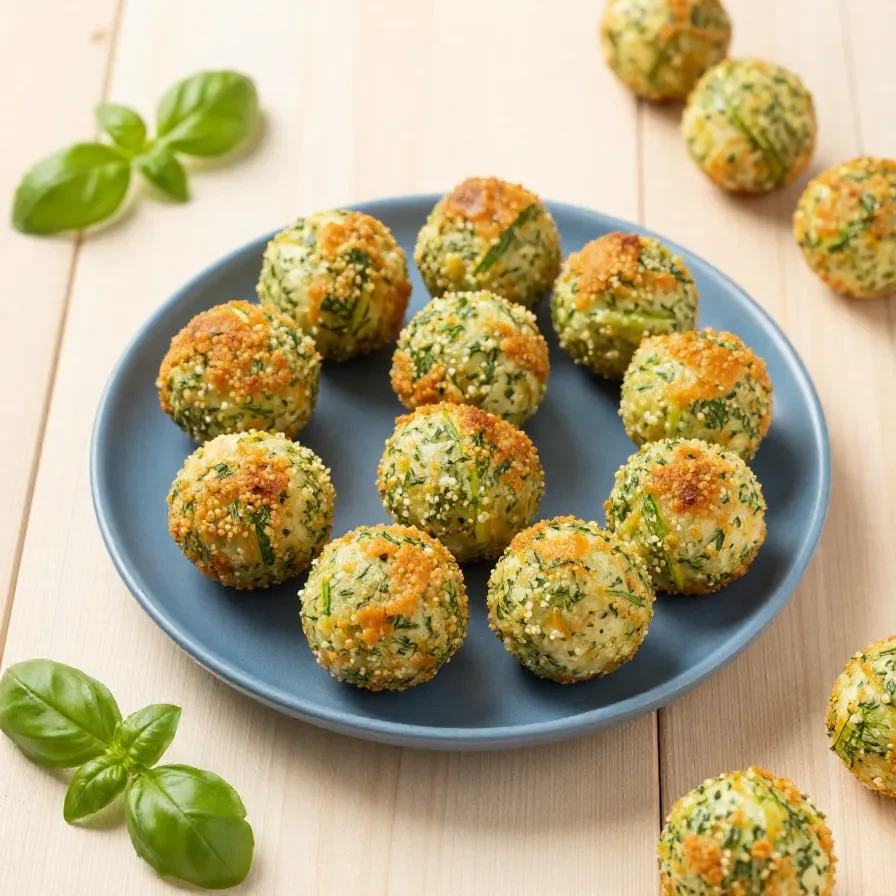 Knusprige Kolokithokeftedes, griechische Zucchini-Bällchen, auf einem Teller mit Dip angerichtet.