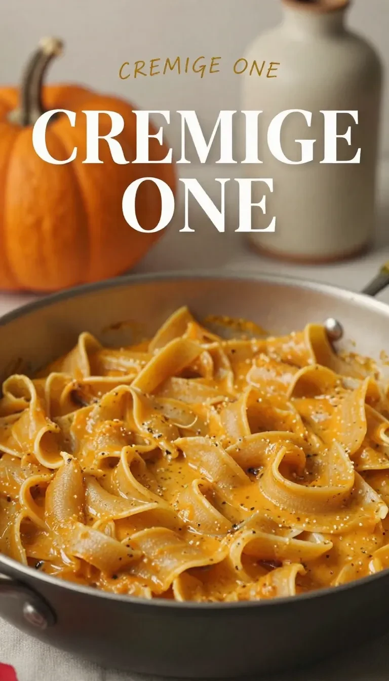 One-Pot-Kürbis-Pasta in einer Pfanne mit cremiger Sauce, Kürbisstücken und frischen Kräutern