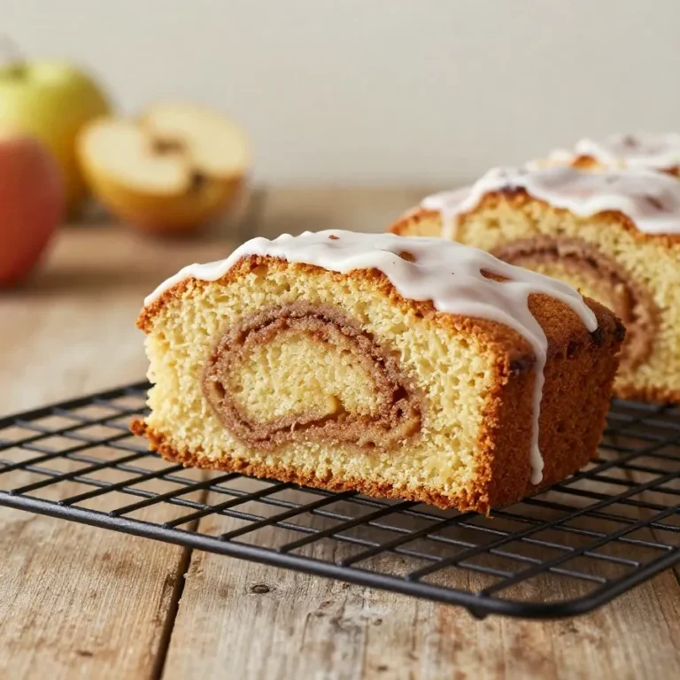 Ein frisch gebackener Zimtschnecken-Apfelkuchen mit goldbrauner Kruste, sichtbaren Apfelstücken und Zimtspiralen auf einem Kuchenteller.