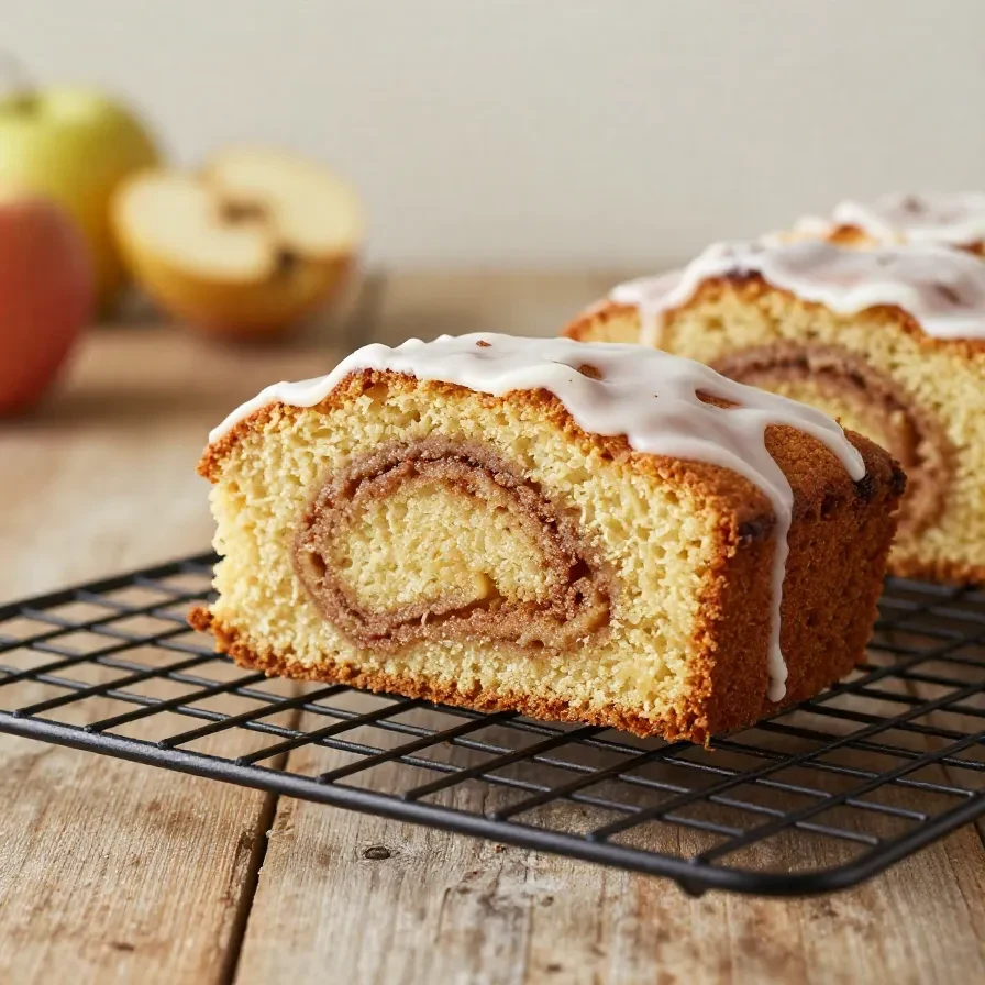 Ein frisch gebackener Zimtschnecken-Apfelkuchen mit goldbrauner Kruste, sichtbaren Apfelstücken und Zimtspiralen auf einem Kuchenteller.
