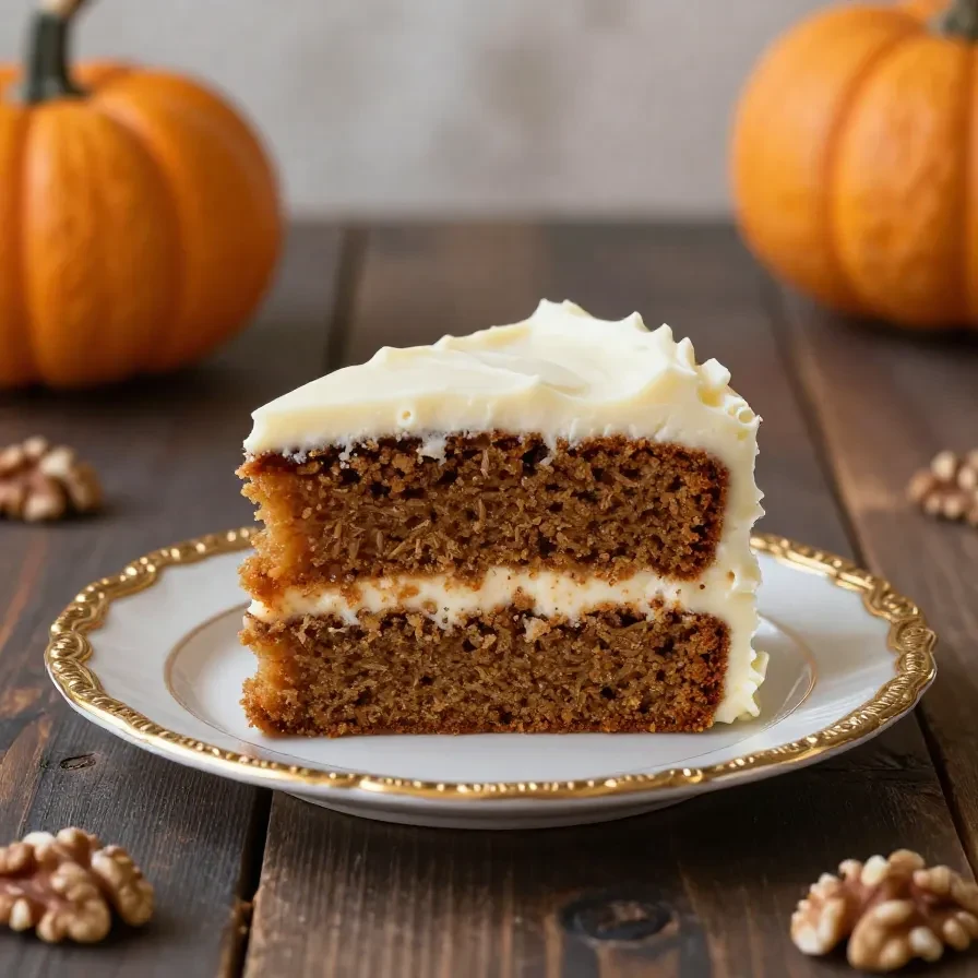 Saftiger Kürbiskuchen auf einer Tortenplatte, bedeckt mit cremigem Frischkäse-Frosting und dekoriert mit Kürbiskernen.