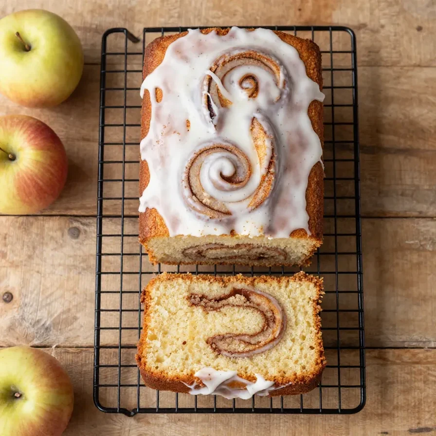 Ein frisch gebackener Zimtschnecken-Apfelkuchen mit goldbrauner Kruste, sichtbaren Apfelstücken und Zimtspiralen auf einem Kuchenteller.