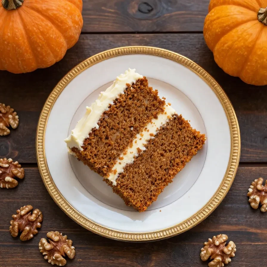 Saftiger Kürbiskuchen auf einer Tortenplatte, bedeckt mit cremigem Frischkäse-Frosting und dekoriert mit Kürbiskernen.