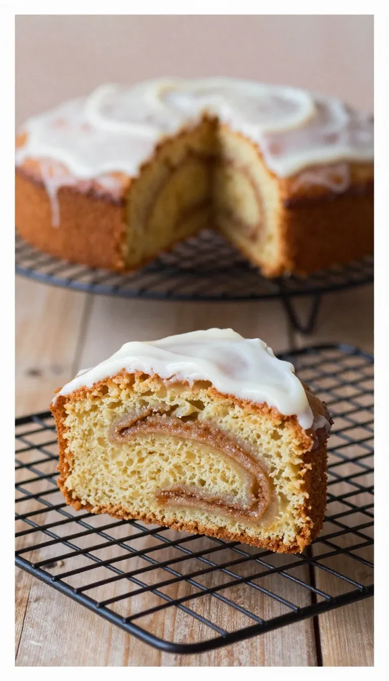 Ein frisch gebackener Zimtschnecken-Apfelkuchen mit goldbrauner Kruste, sichtbaren Apfelstücken und Zimtspiralen auf einem Kuchenteller.