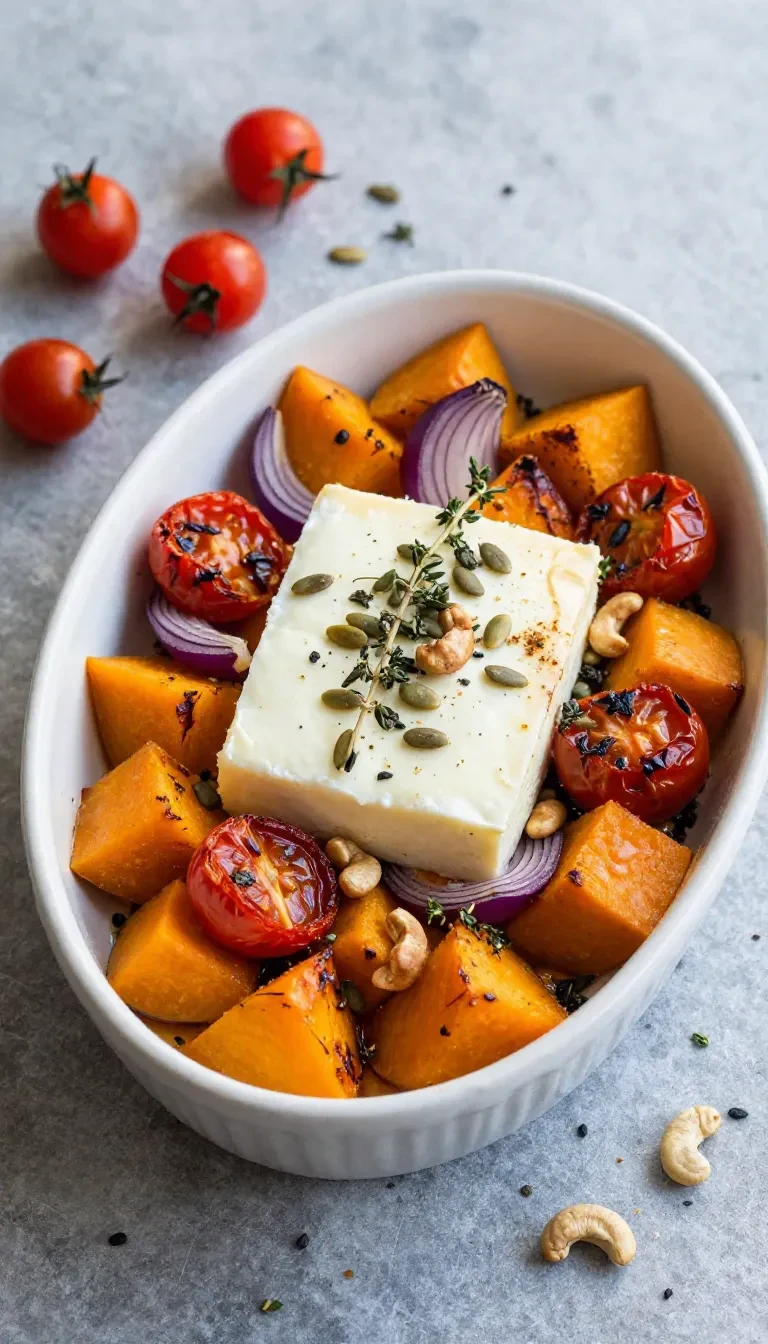 Ofenkürbis mit Feta auf einem Teller, garniert mit Kräutern und leicht gebräunt.